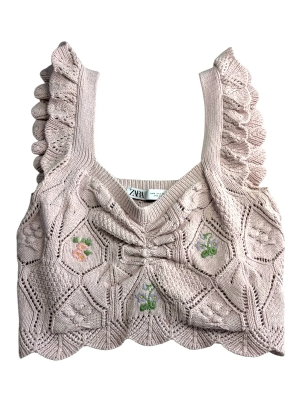 Zara Knit Cropped Floral Embroidered Top in a Pastel Pink Size S - Picture 3 of 6